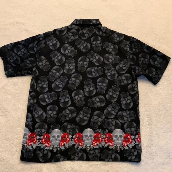 Request Mens Black Skull Print Button Down Short Sleeve Shirt Size Large - Picture 5 of 7